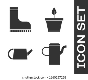 Set Watering can, Waterproof rubber boot, Watering can and Plant in pot icon. Vector