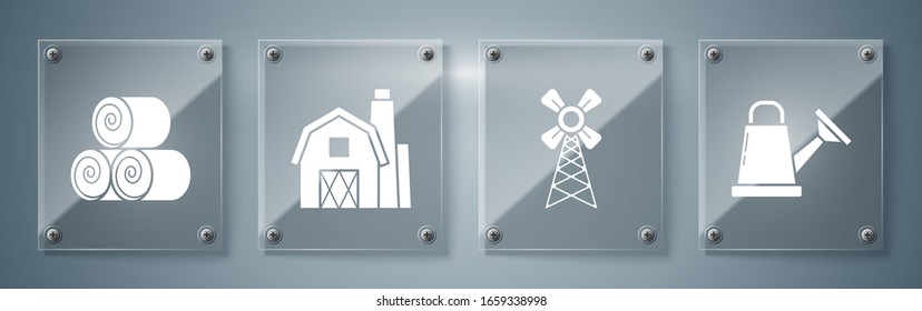 Set Watering can, Windmill, Farm House concept and Roll of hay. Square glass panels. Vector