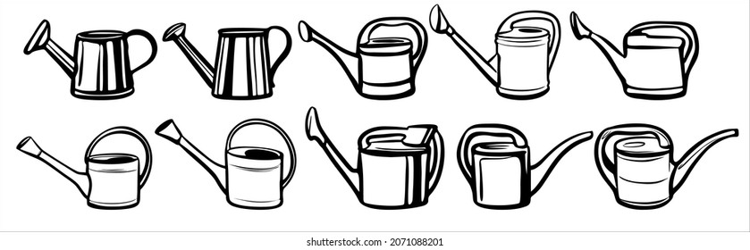 Set of watering cans, 10 pcs.. Black and white in linear style for svg.