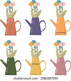 Set of watering cans with flowers. Hand drawn style.

