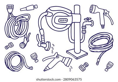 Set of watering hoses. Hand drawn vector doodle. Lawn watering. Garden care. Hose, spray nozzle, holder. Line art illustration. Graphic.