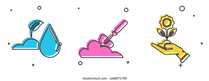 Set Watering sprout, Garden trowel spade or shovel in the ground and Hand holding flower icon. Vector