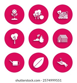 Set Watering sprout, Leaf, Sprout hand of environmental protection, Farm house, can, Tree, House concept and Flower icon. Vector