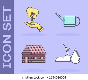 Set Watering sprout, Tree in hand of environmental protection, Farm house and Watering can icon. Vector