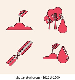Set Watering sprout, Sprout, Tree with pears and Gardening handmade scissors for trimming icon. Vector