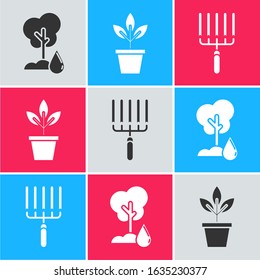 Set Watering Tree, Flowers in pot and Garden rake in work icon. Vector