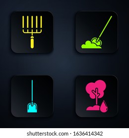 Set Watering Tree, Garden rake in work, Shovel and Shovel in the ground. Black square button. Vector