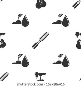 Set Watering Tree, Gardening handmade scissors for trimming and Watering sprout on seamless pattern. Vector
