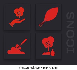Set Watering Tree, Tree in hand of environmental protection, Leaf and Garden trowel spade or shovel in the ground icon. Vector