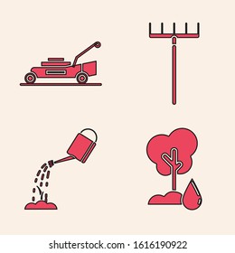 Set Watering Tree, Lawn mower, Garden rake and Watering can with water icon. Vector
