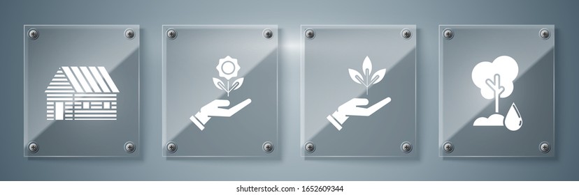 Set Watering Tree, Plant in hand of environmental protection, Hand holding flower and Farm house. Square glass panels. Vector