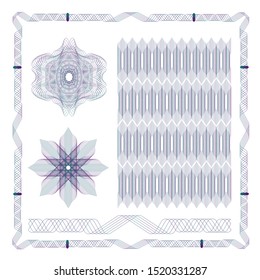 Set of watermarks and borders. Guilloche pattern for banknote, diploma, certificate, currency, voucher, money design. Vector Guilloche decorative elements patterned background, frames, round elements.