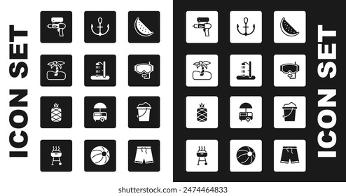 Set Watermelon, Beach shower, Tropical palm tree, gun, Diving mask, Anchor, Sand bucket and Pineapple icon. Vector