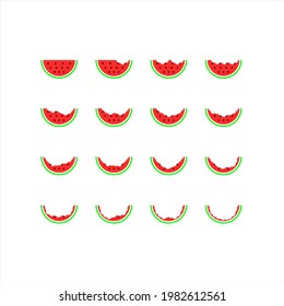 Set of watermelon being eaten isolated on white background. Colorful tropical fruit vector. Healthy food flat design