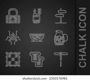 Set Watermelon, Bread toast, Wine corkscrew, Jug glass with water, Checkered napkin, Mosquito, Road traffic sign and First aid kit icon. Vector