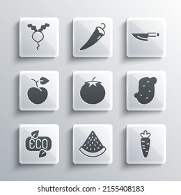 Set Watermelon, Carrot, Potato, Tomato, Leaf Eco symbol, Peach fruit or nectarine, Radish and Knife icon. Vector