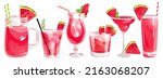 A set of watermelon cocktails.Summer refreshing drinks with a slice of watermelon.mint and ice.Watermelon juice, margarita with watermelon, smoothies.