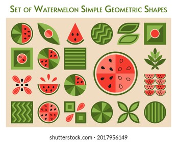 Set of watermelon elements in simple geometric forms. Abstract simple shapes. Good for decoration of food package, cover design, decorative print, background.