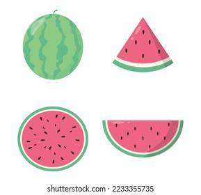 Set of watermelon flat cartoon vector illustration. Vegetarian and ecology food. Healthy food. Sweet water melon. Tropical fruits. White background