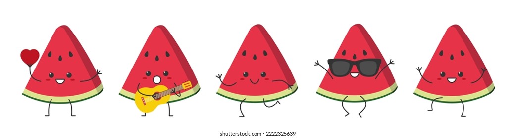 Set watermelon fresh juicy slice  character cartoon greeting jumping sings love running cute smiling face cheerful kawaii joy happy emotions icon vector illustration.