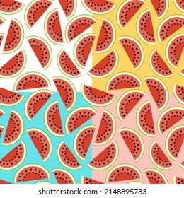 Set of watermelon half pieces seamless patterns. Cut watermelon, piece, half. Flat, vector