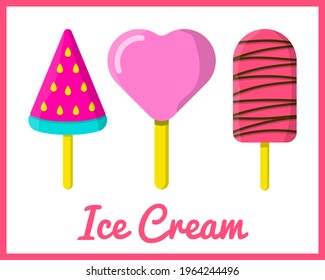 Set of watermelon, heart shape and chocolate vector ice cream with shadows 