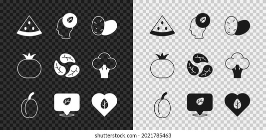 Set Watermelon, Human head with leaf inside, Potato, Plum fruit, Vegan food diet, Tomato and Leaf or leaves icon. Vector