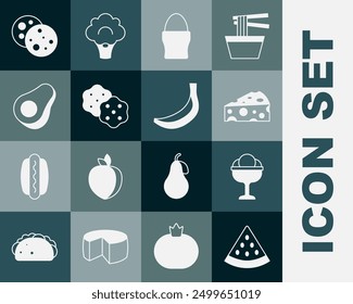 Set Watermelon, Ice cream in the bowl, Cheese, Chicken egg stand, Cracker biscuit, Avocado fruit, Cookie with chocolate and Banana icon. Vector