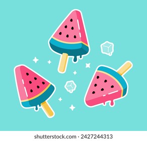 Conjunto de pegatinas de helado de sandía. Polos de frutas. Hielo de fruta en palo. Lindas estrellas. Cubos de hielo derritiéndose. Brillantes estampados de dibujos animados de verano en rosa.