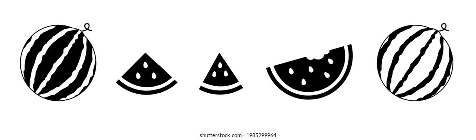 Set watermelon icons black color.  Half and whole, round piece, and triangular slice. isolated on white background. Vector illustration sliced watermelon.