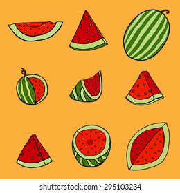 Set of watermelon. Isolated on yellow. Vector illustration