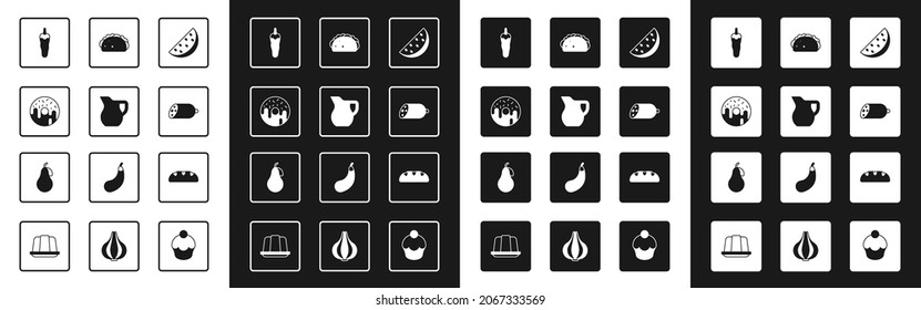 Set Watermelon, Jug glass with milk, Donut, Hot chili pepper, Salami sausage, Taco tortilla, Bread loaf and Pear icon. Vector