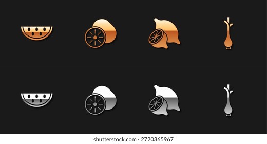 Conjunto de sandía, kiwi, limón y cebollas verdes frescas icono. Vector