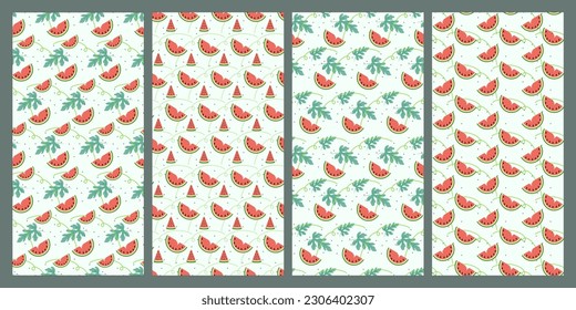 Set of watermelon and leaf seamless pattern. Fruit pattern. Summer pattern. Patterns for textiles or for covers. Wallpapers.