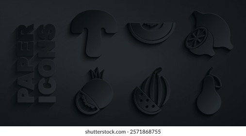 Set Watermelon, Lemon, Tomato, Pear, Melon fruit and Mushroom icon. Vector