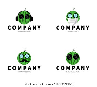 Set of Watermelon logo. Watermelon with glasses, headset, mask, mustache logo concept. Vector Design Illustration.