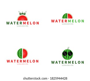Set of Watermelon Logo. Watermelon King, Slice, Glasses Logo Concept. Vector Design Illustration.