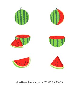 Set of watermelon on white background, vector illustration. Triangle-shaped watermelon slice isolated on a transparent background. Watermelon icon. Vector illustration