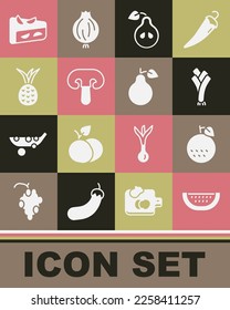 Set Watermelon, Orange fruit, Leek, Pear, Mushroom, Pineapple, Homemade pie and  icon. Vector