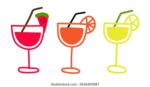Set of watermelon, orange and lemon juice in glasses, hand drawn fruit juices, fresh summer illustration