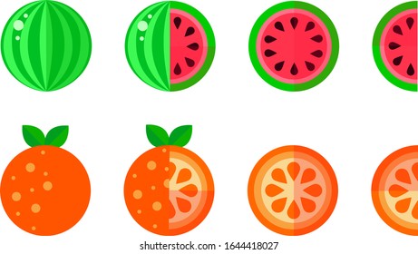 set of watermelon and orange. whole and half