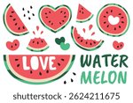Set Watermelon Pieces, half, Heart. Collection different Types of slices - triangle, bitten, cut text Love. Juicy Splashes. Ripe summer fruit, vegan food. Simple bright flat style. Vector illustration