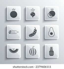 Set Watermelon, Pineapple, Avocado fruit, Fresh cucumber, Melon, Tomato and  icon. Vector