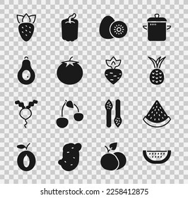 Set Watermelon, Pineapple, Kiwi fruit, Tomato, Avocado, Strawberry and Turnip icon. Vector