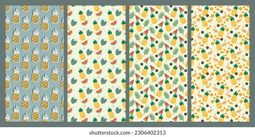 Set of watermelon and pineapple seamless pattern. Fruit pattern. Summer pattern. Patterns for textiles or for covers. Wallpapers.