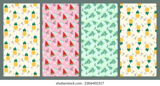 Set of watermelon and pineapple seamless pattern. Fruit pattern. Summer pattern. Patterns for textiles or for covers. Wallpapers.