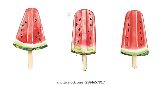 Set of watermelon popsicles in the shape of a watercolor watermelon. Pieces of watermelon in the shape of ice cream on a wooden stick. Summer refreshing fruit desserts. Vector illustration.