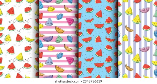 Set of  watermelon seamless patterns. tropical style. colerfull background.Vector Seamless fruit Pattern or Wallpaper.
