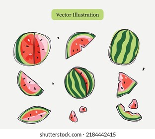 Set of Watermelon Slice Hand Drawn Isolated Vector Illustration. Trendy paper cut shapes and linear watercolour - like graphic elements. Perfect for food packaging, cosmetic branding, textile design