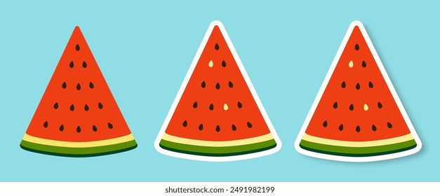 A set of watermelon slice stickers or icons on a transparent background. Fashionable design in the style of pop art of the 80s. Vector illustration.